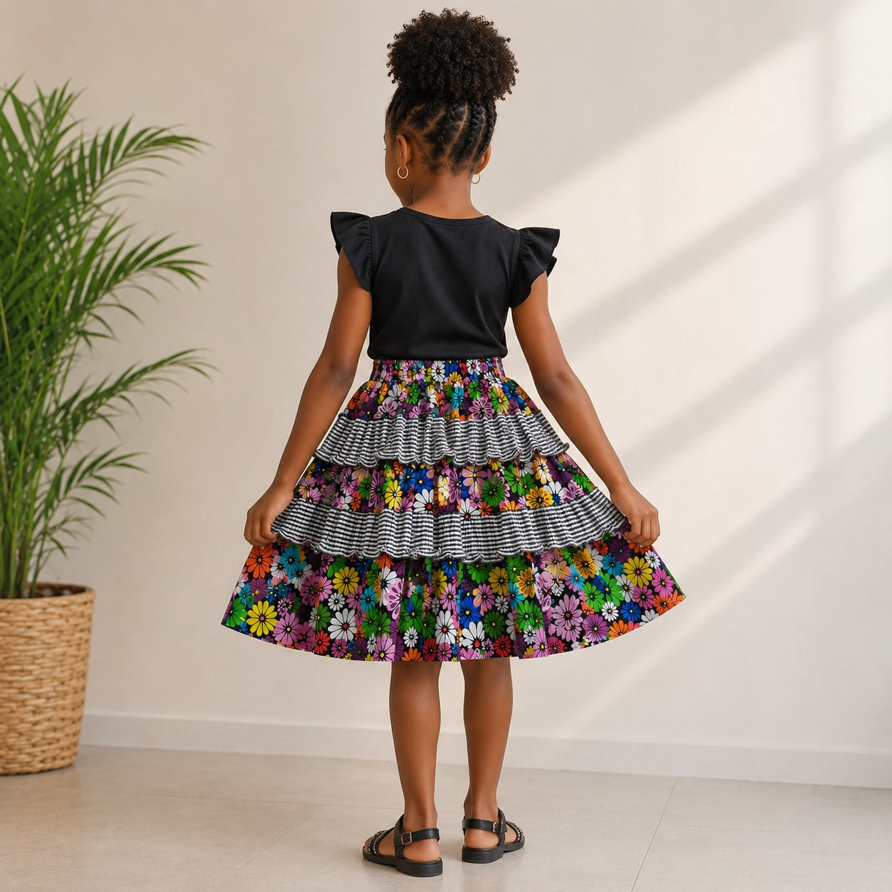 Girls Multicoloured Floral African Print Layered Skirt