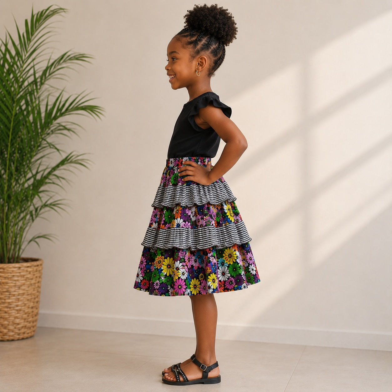 Girls Multicoloured Floral African Print Layered Skirt