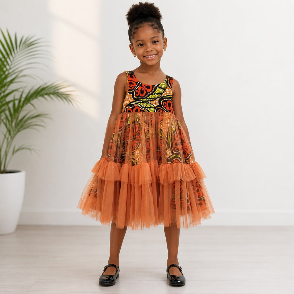 Girls Orange African Print Tulle Layered Dress