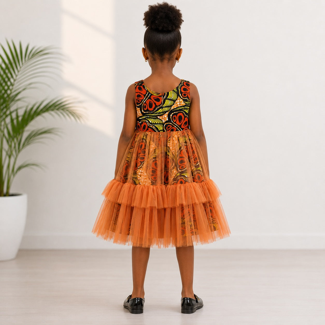 Girls Orange African Print Tulle Layered Dress