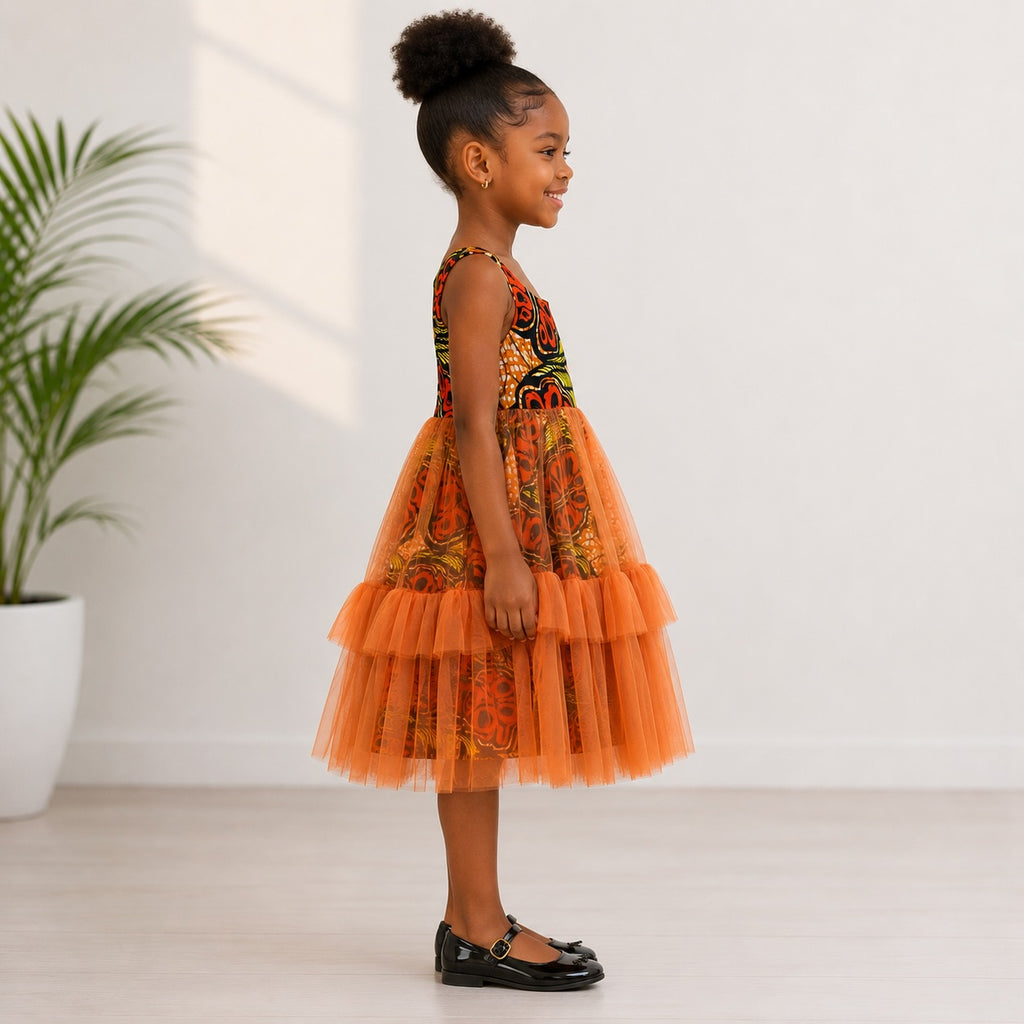 Girls Orange African Print Tulle Layered Dress