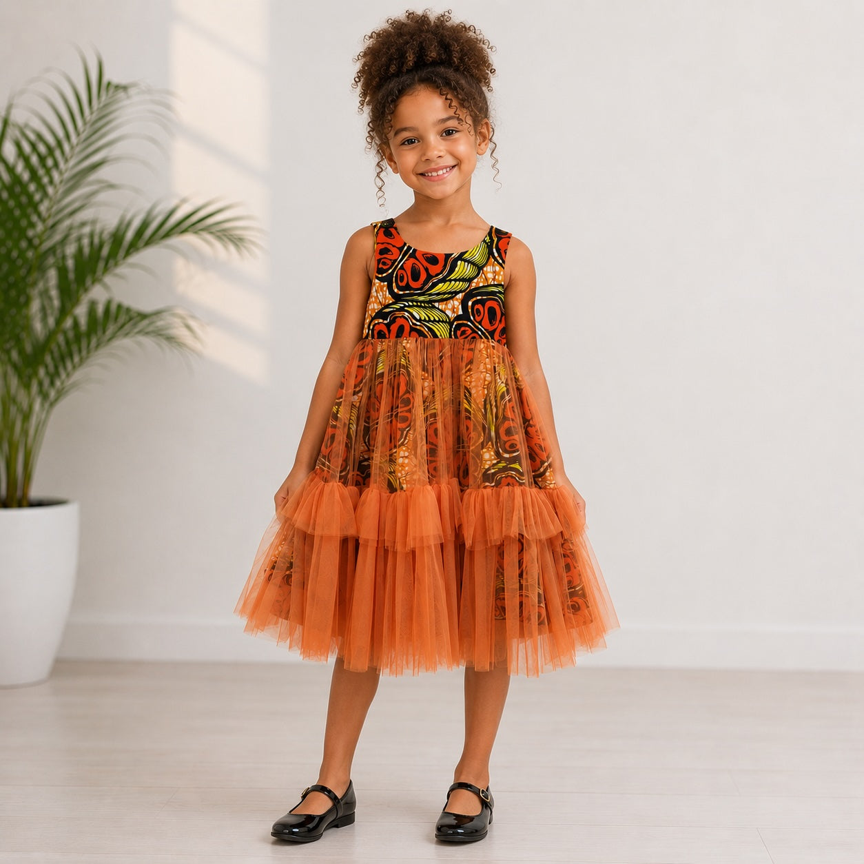 Girls Orange African Print Tulle Layered Dress