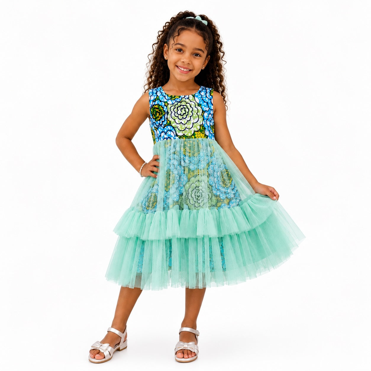 Girls Blue African Print Mint Tulle Layered Dress