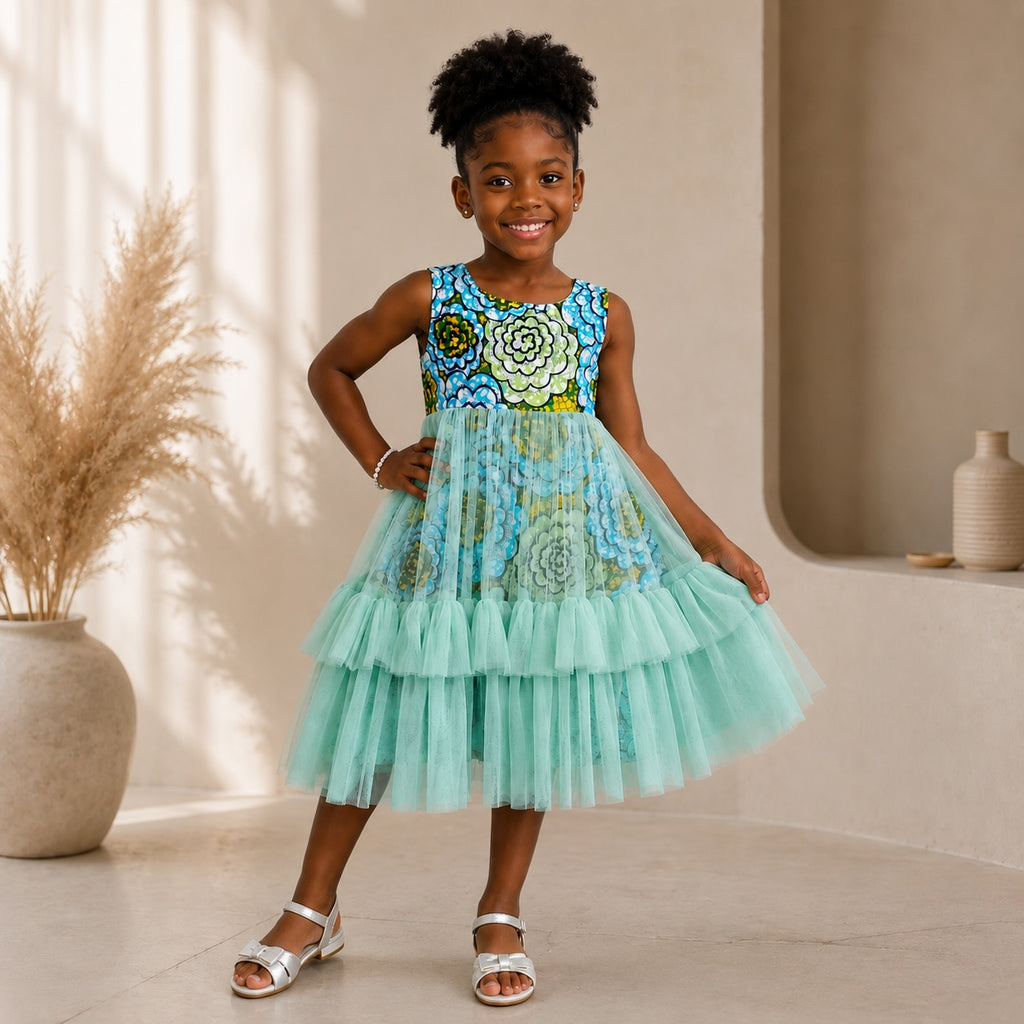 Girls Blue African Print Mint Tulle Layered Dress