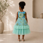 Girls Blue African Print Mint Tulle Layered Dress