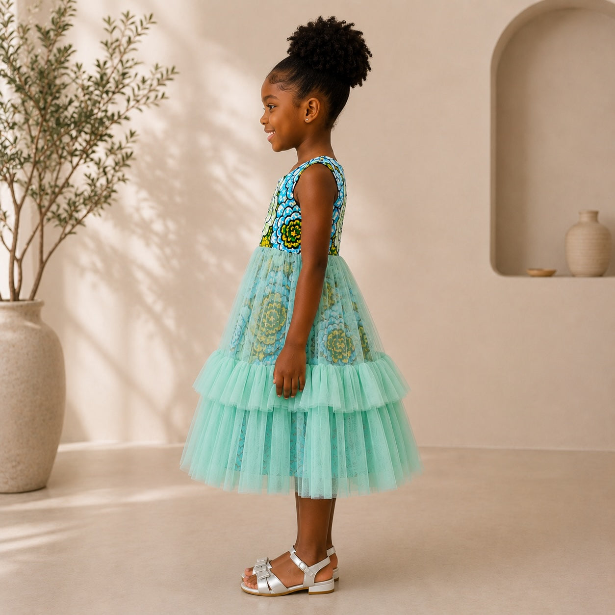 Girls Blue African Print Mint Tulle Layered Dress