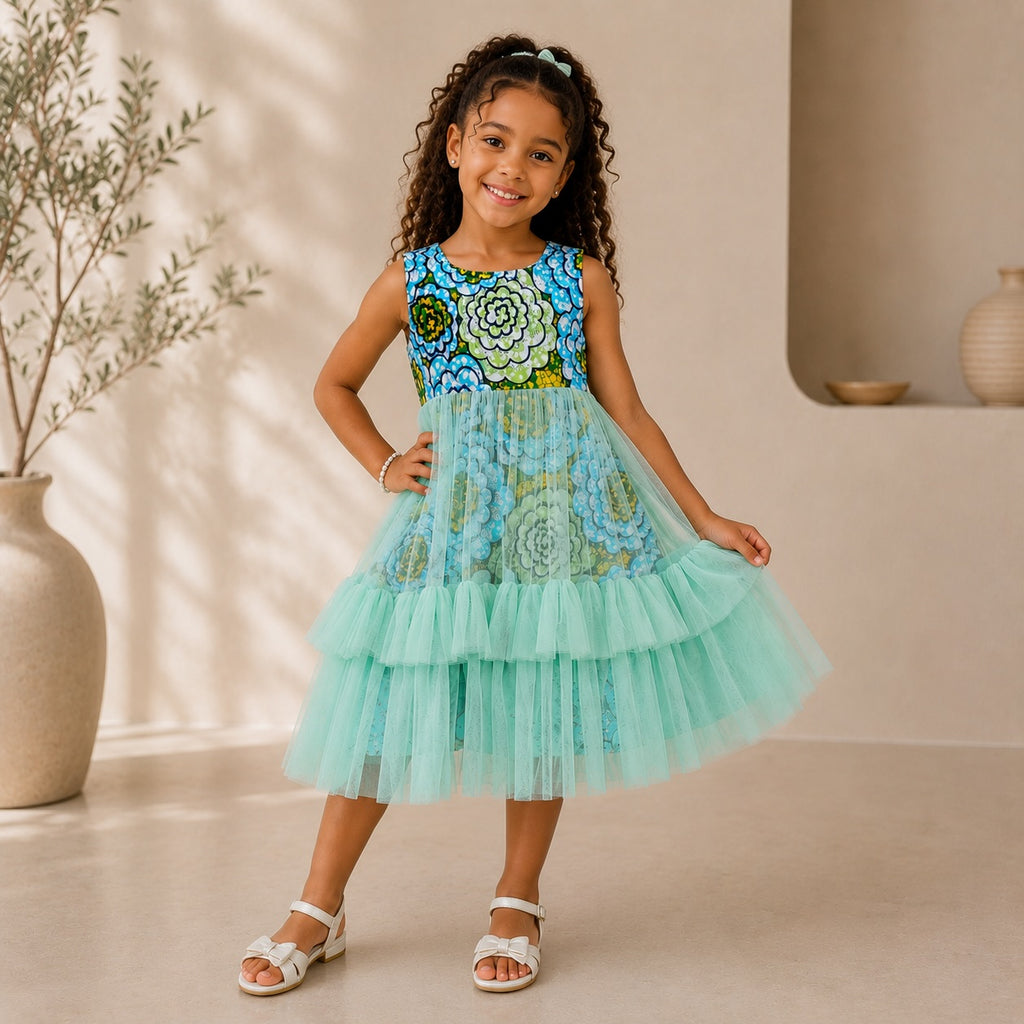 Girls Blue African Print Mint Tulle Layered Dress