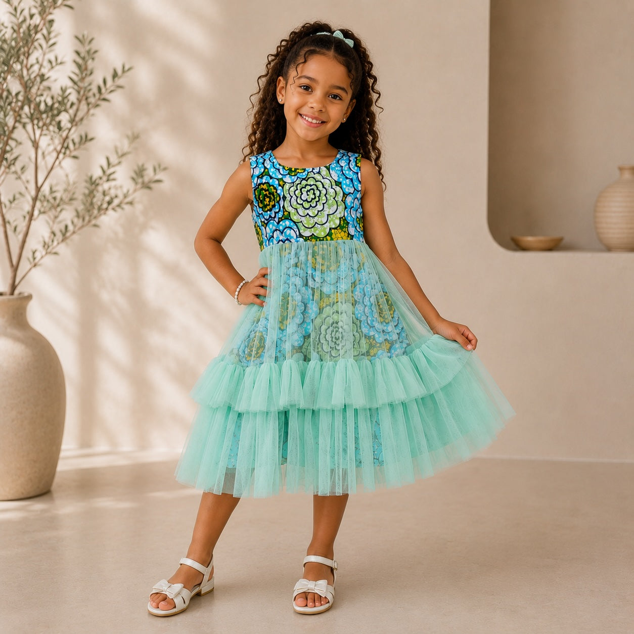 Girls Blue African Print Mint Tulle Layered Dress