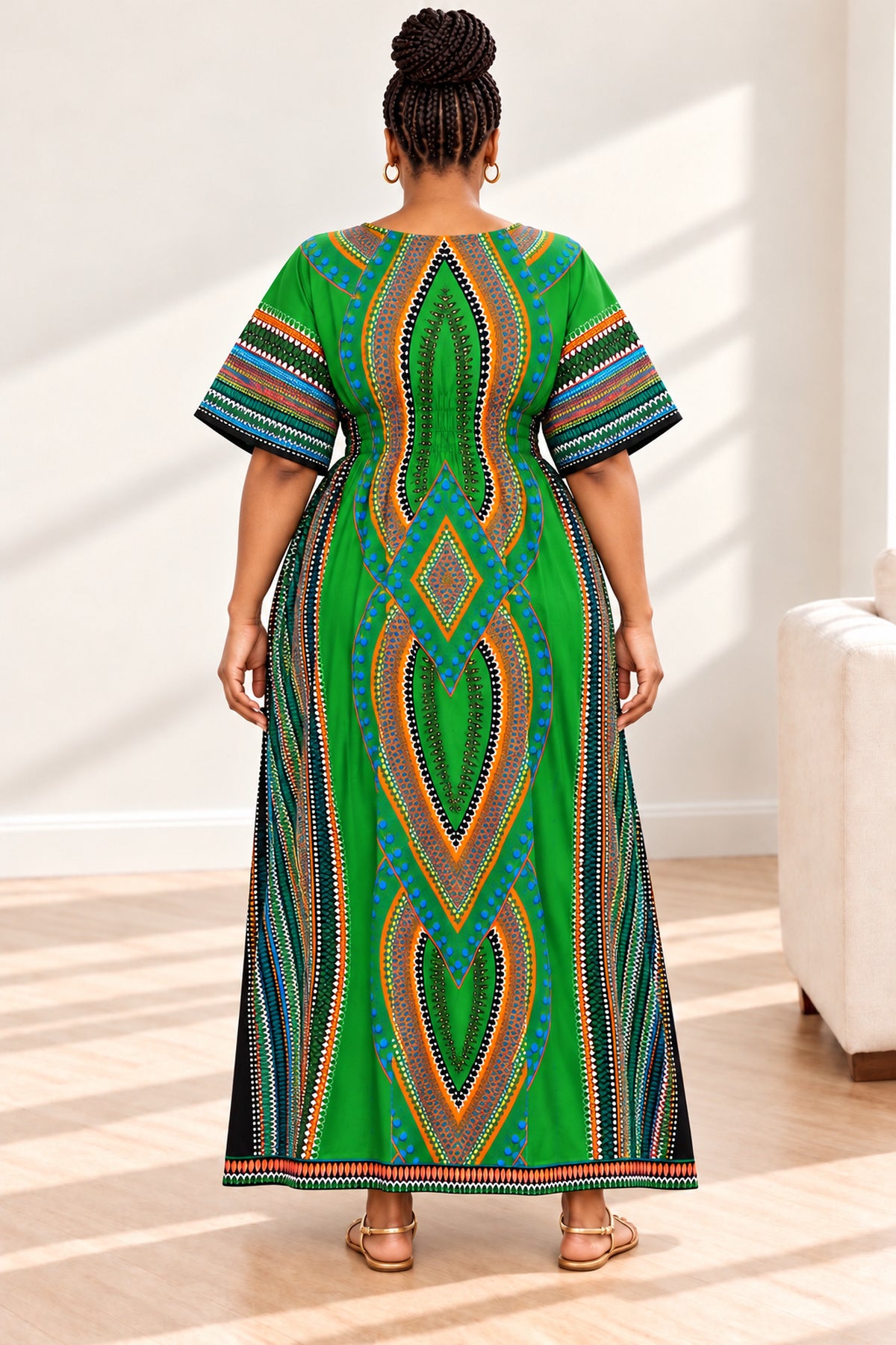 Women's African Print Dashiki Maxi Dress – Short Sleeve Traditional Kaftan in Various Colours