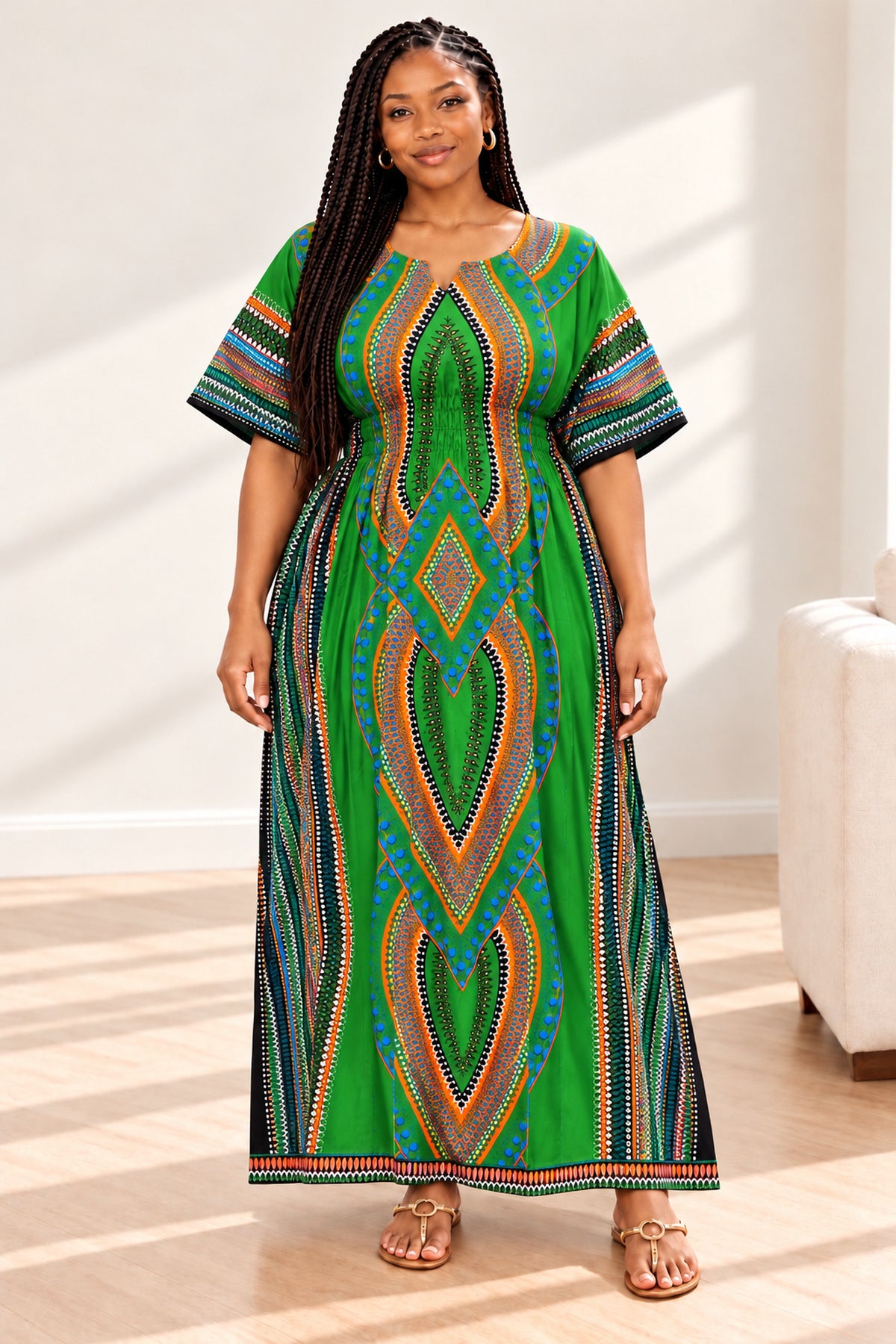 Women's African Print Dashiki Maxi Dress – Short Sleeve Traditional Kaftan in Various Colours