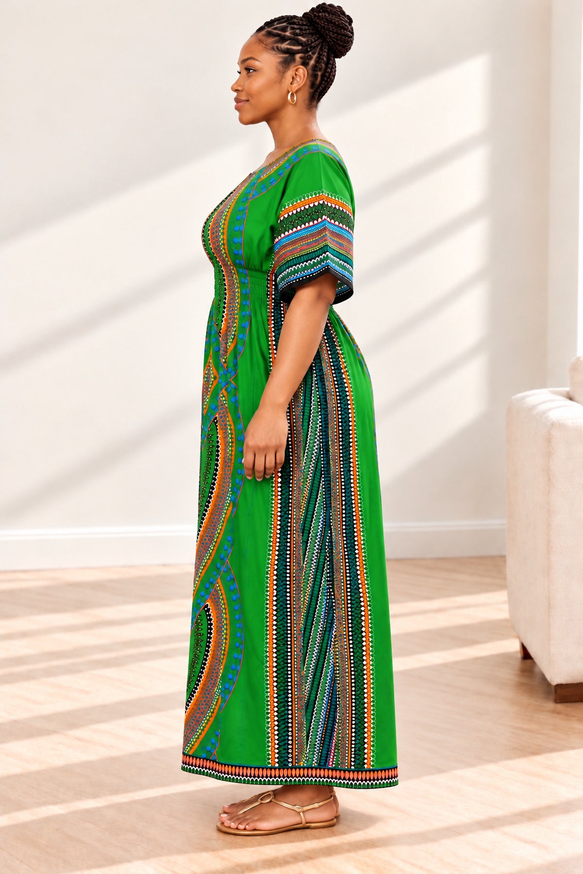 Women's African Print Dashiki Maxi Dress – Short Sleeve Traditional Kaftan in Various Colours