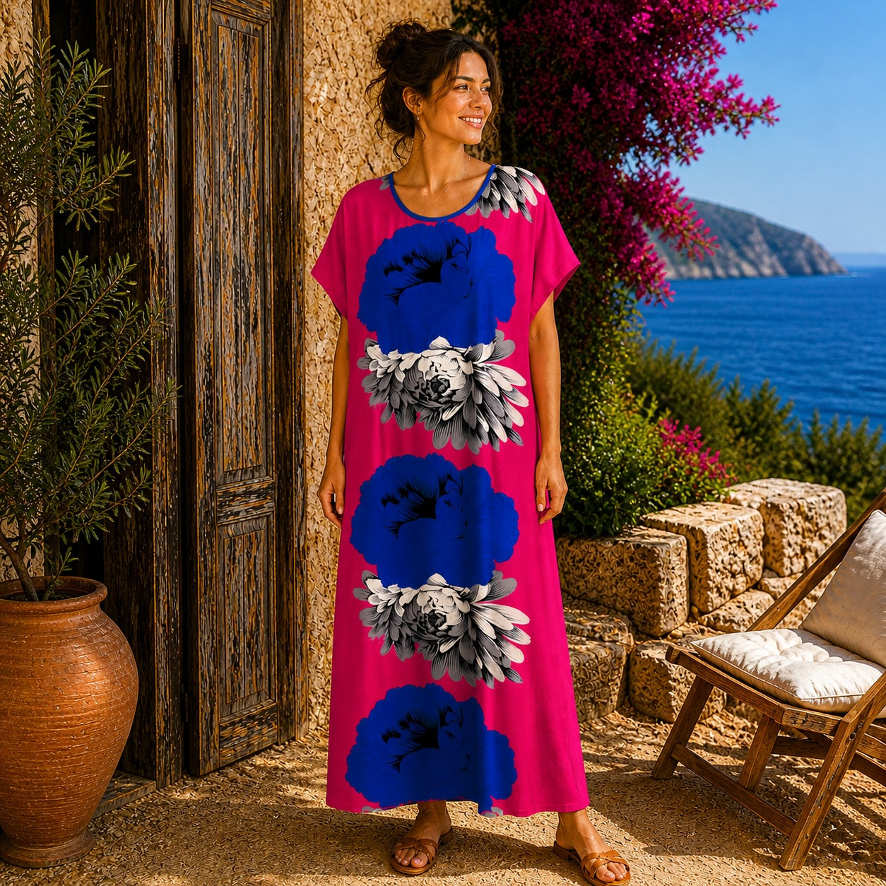 Women’s African Print Kaftan Maxi Dress, Free Size 10–16, Red Pink Blue