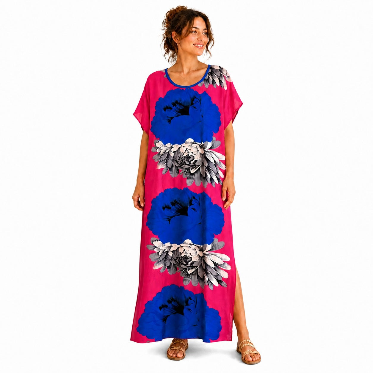 Women’s African Print Kaftan Maxi Dress, Free Size 10–16, Red Pink Blue