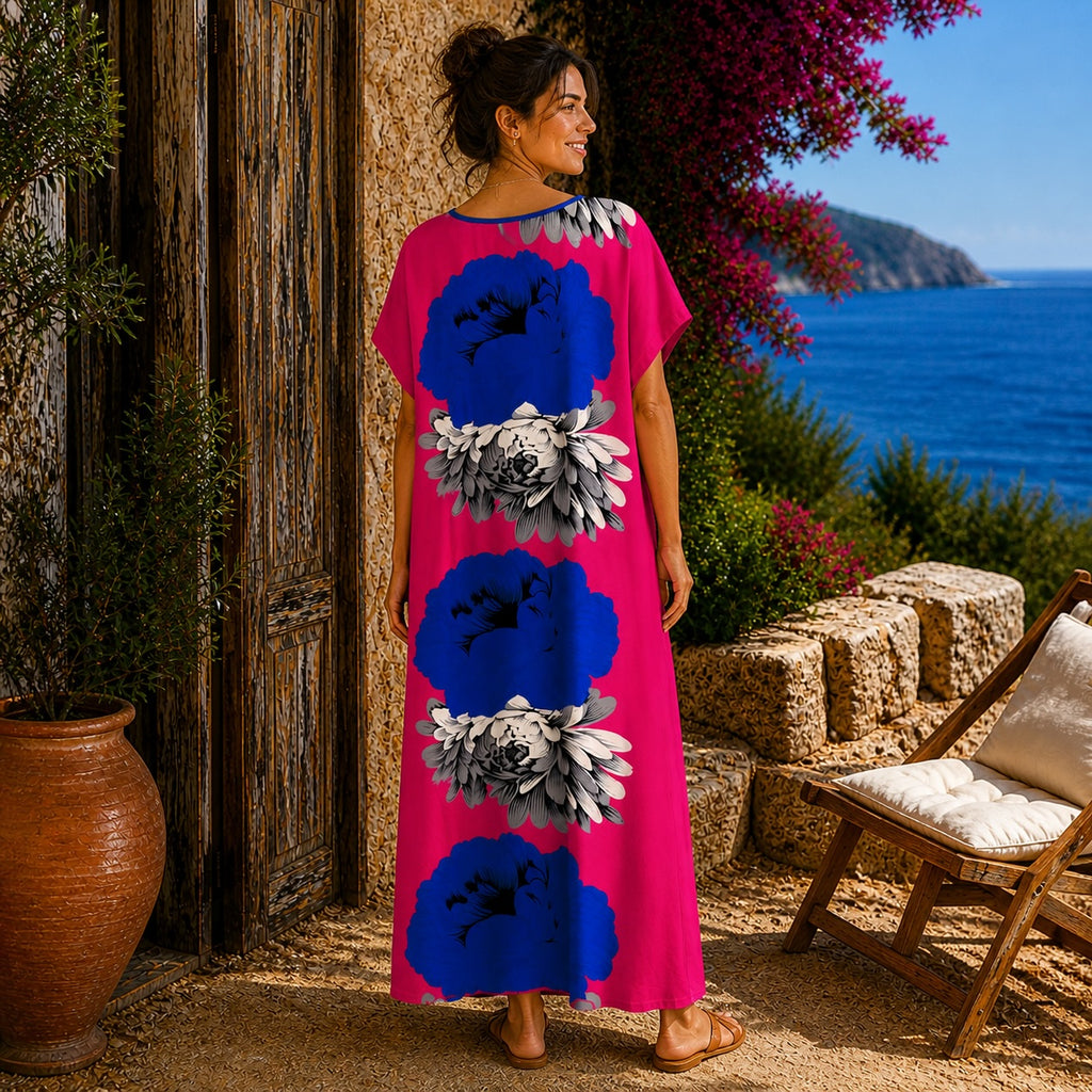 Women’s African Print Kaftan Maxi Dress, Free Size 10–16, Red Pink Blue