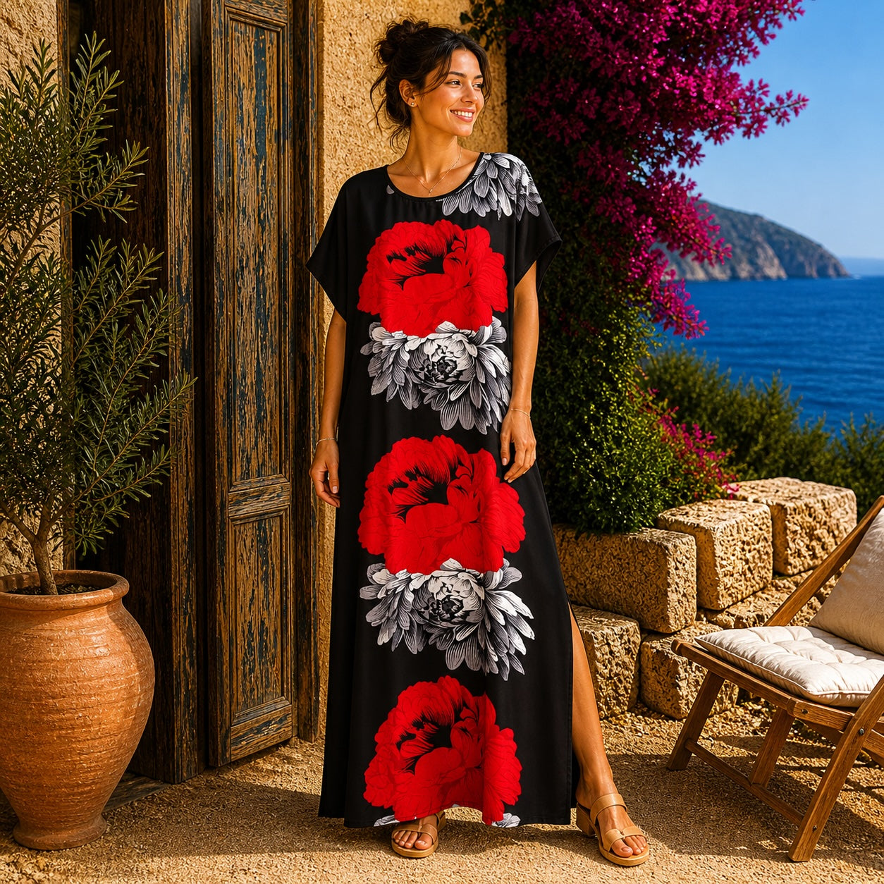 African Print Floral Kaftan Maxi Dress – Black Red Flower Summer Dress