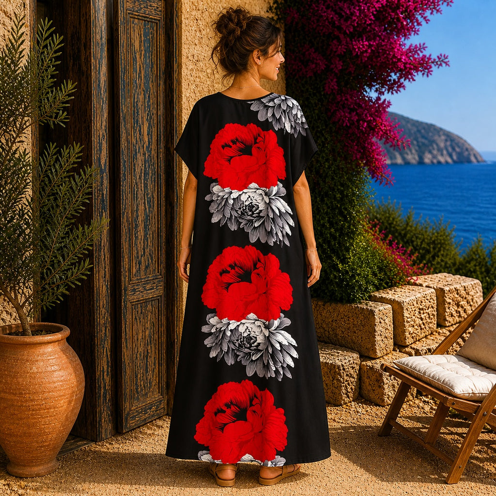 African Print Floral Kaftan Maxi Dress – Black Red Flower Summer Dress
