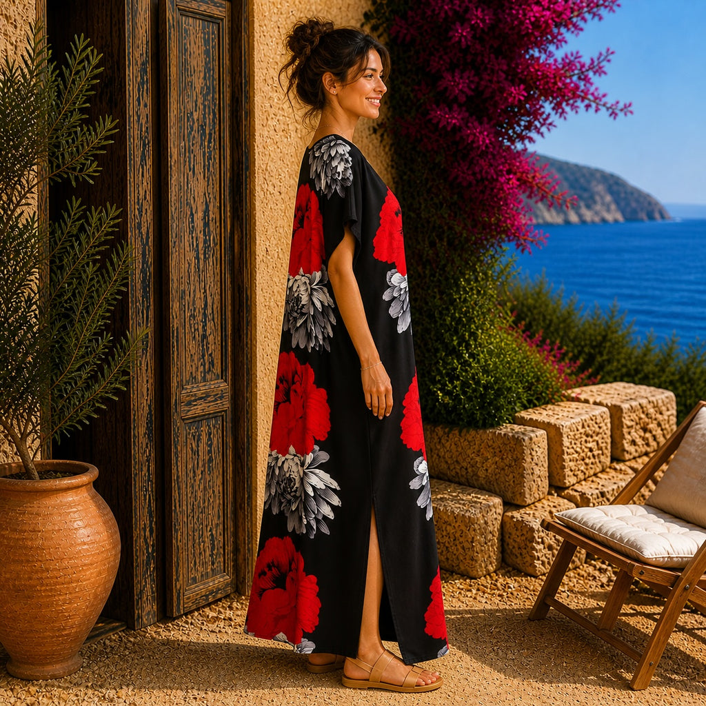 African Print Floral Kaftan Maxi Dress – Black Red Flower Summer Dress