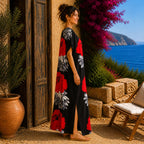 African Print Floral Kaftan Maxi Dress – Black Red Flower Summer Dress