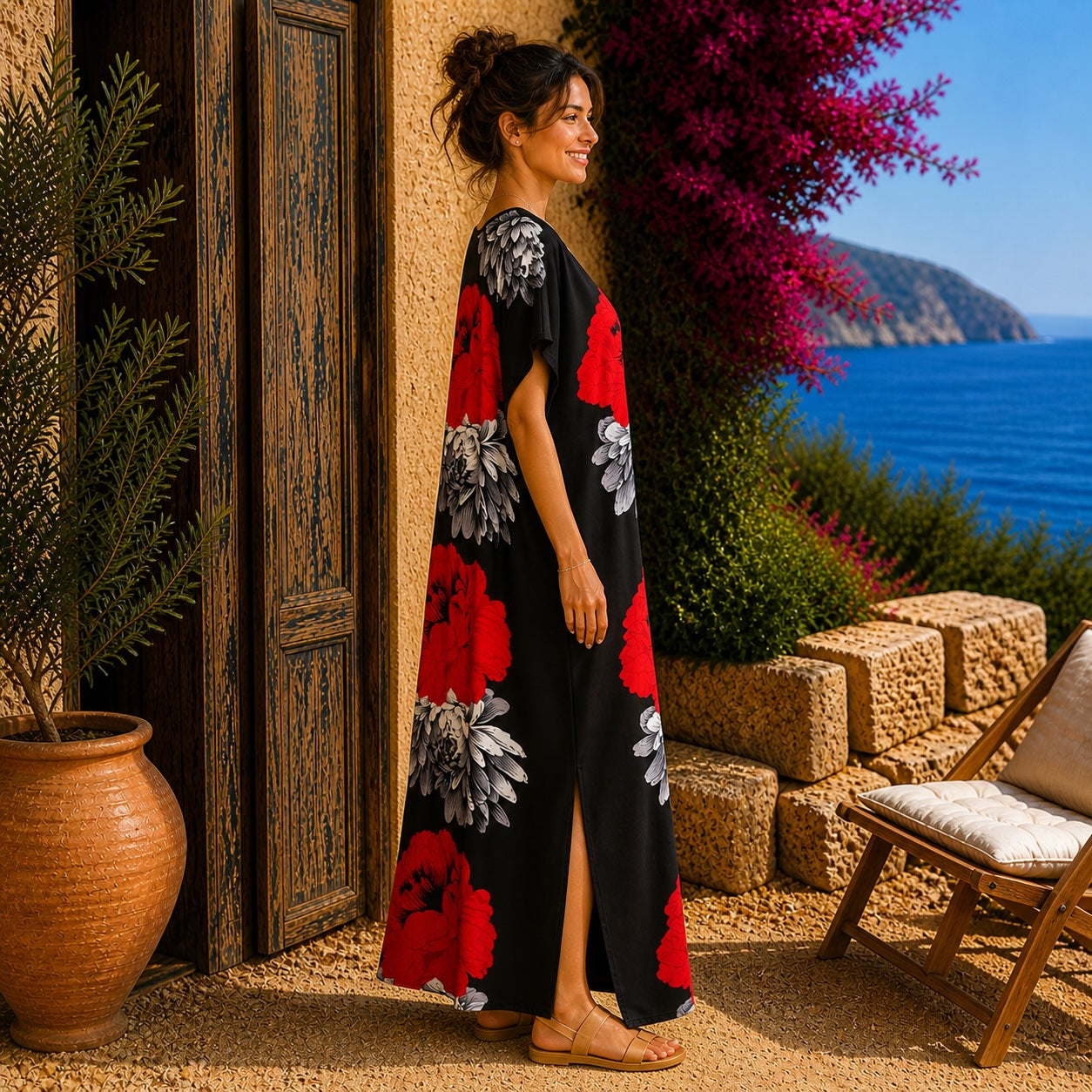 African Print Floral Kaftan Maxi Dress – Black Red Flower Summer Dress