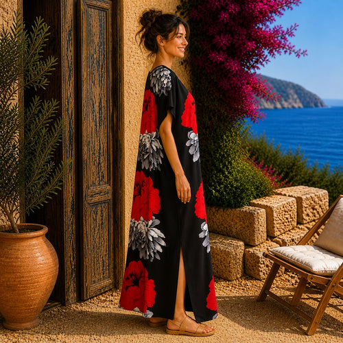 African Print Floral Kaftan Maxi Dress – Black Red Flower Summer Dress
