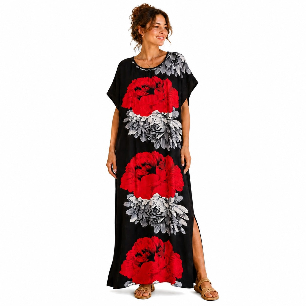 African Print Floral Kaftan Maxi Dress – Black Red Flower Summer Dress