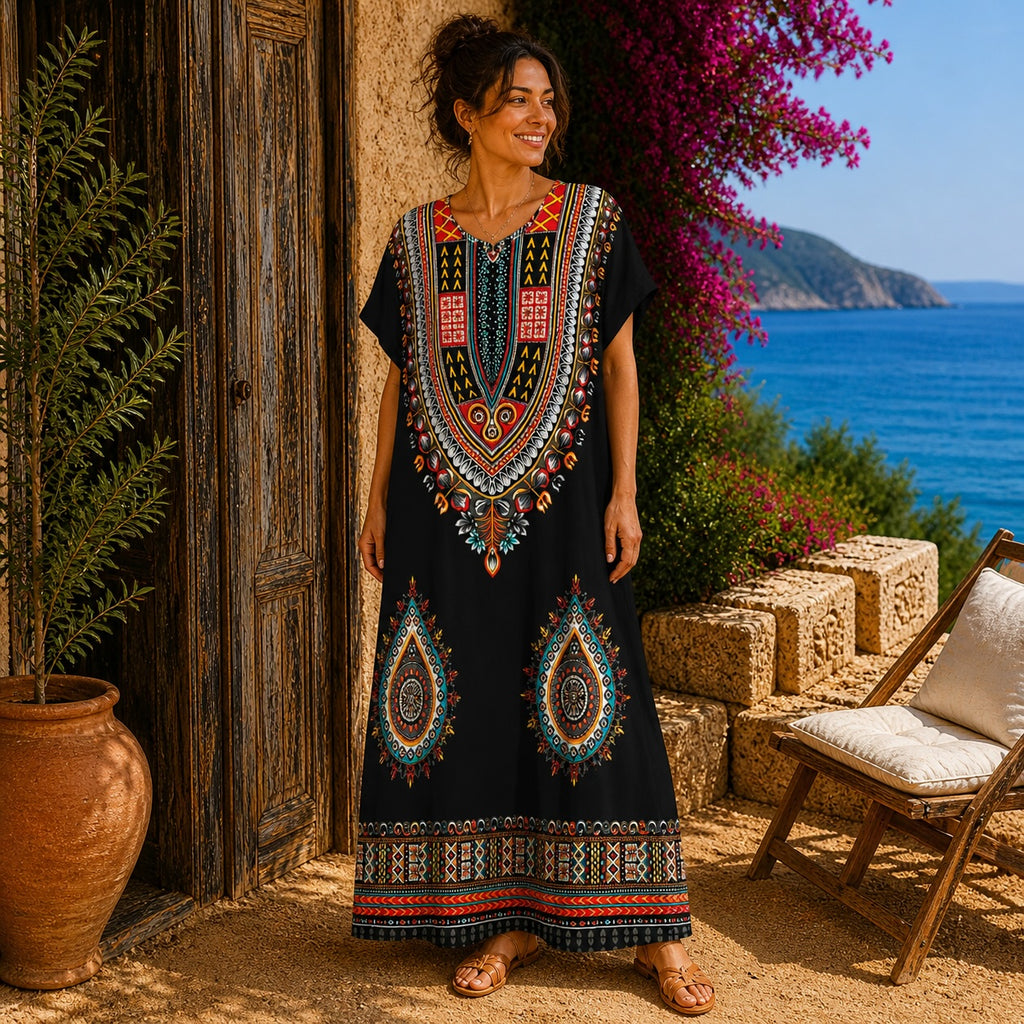 Women’s African Print Kaftan Maxi Dress, Free Size 10–16, Red Pink Blue
