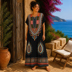 Women’s African Print Kaftan Maxi Dress, Free Size 10–16, Red Pink Blue