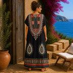 Women’s African Print Kaftan Maxi Dress, Free Size 10–16, Red Pink Blue