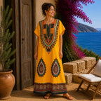 Women’s African Print Kaftan Maxi Dress, Free Size 10–16, Red Pink Blue