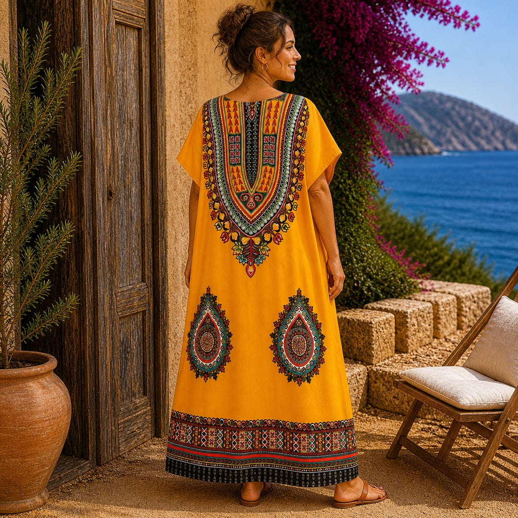 Women’s African Print Kaftan Maxi Dress, Free Size 10–16, Red Pink Blue