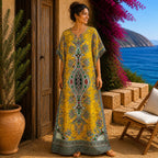 African Print Mustard Yellow Kaftan Maxi Dress