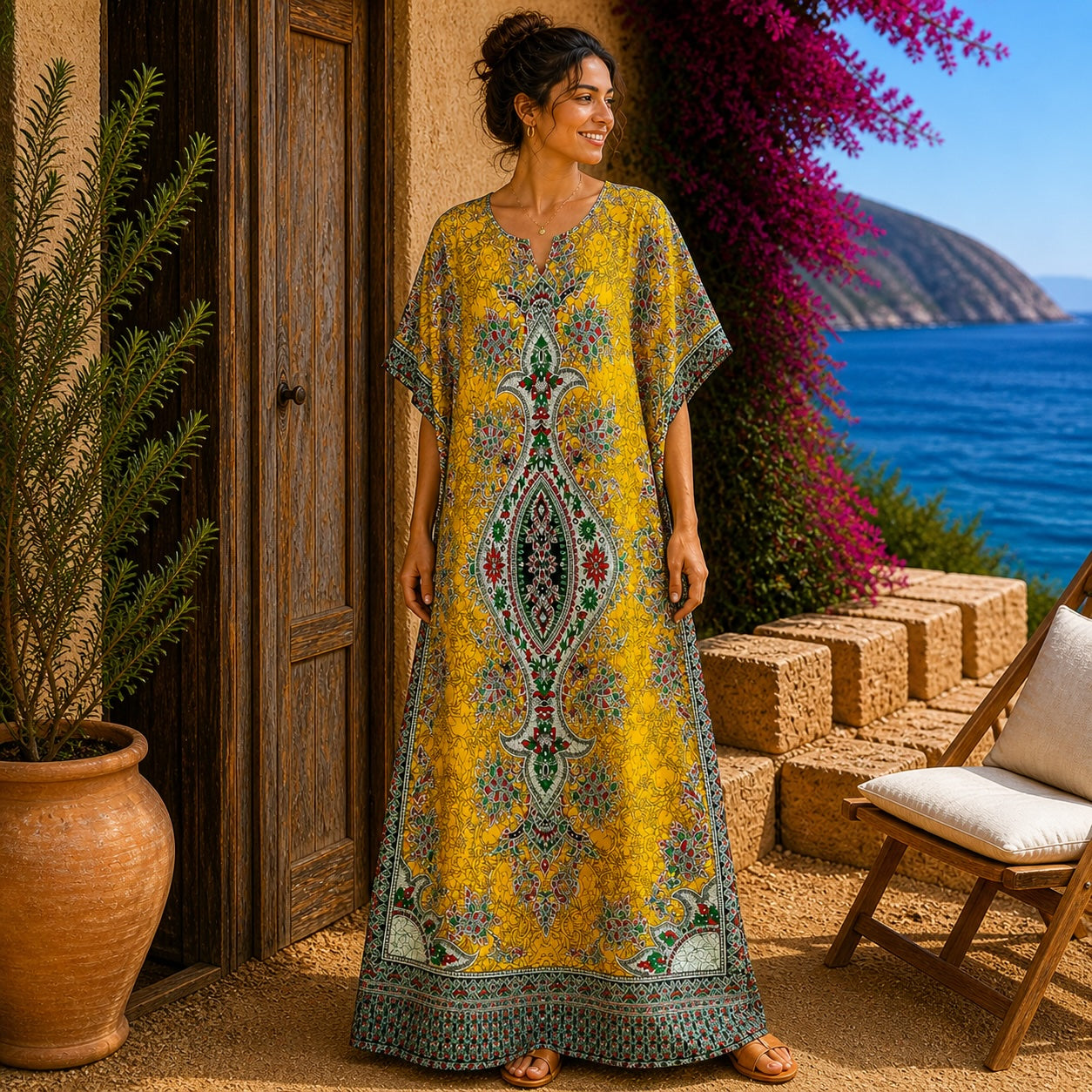 African Print Mustard Yellow Kaftan Maxi Dress