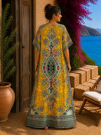 African Print Mustard Yellow Kaftan Maxi Dress