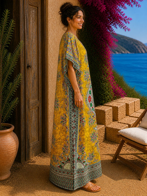 African Print Mustard Yellow Kaftan Maxi Dress