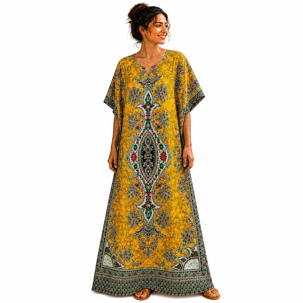 African Print Mustard Yellow Kaftan Maxi Dress