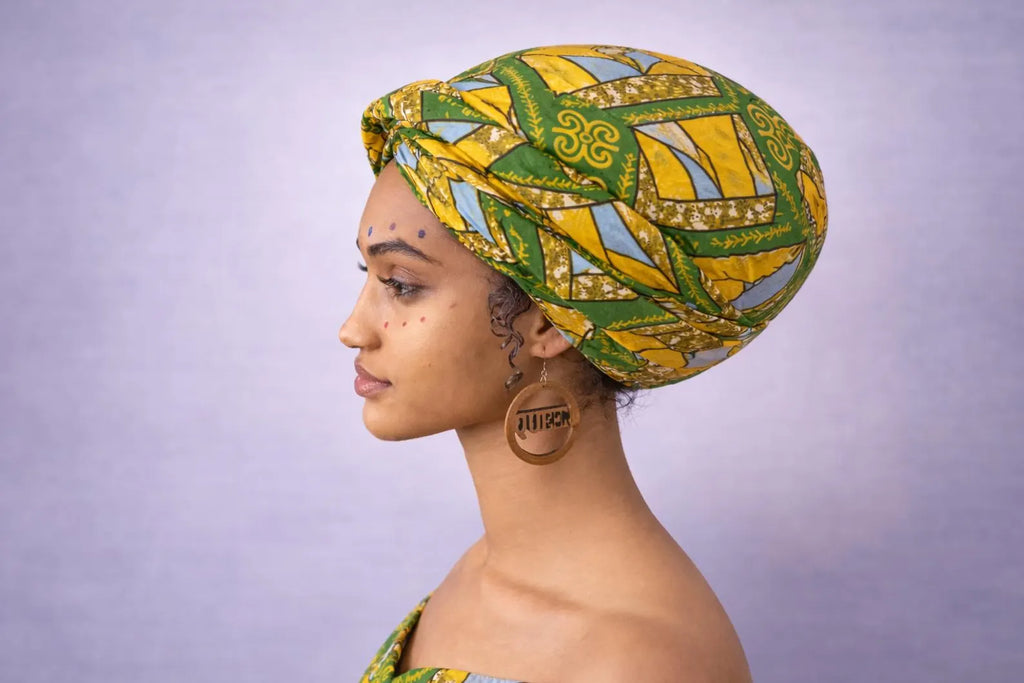 Green and Mustard African Print Elastic Headwrap for Women