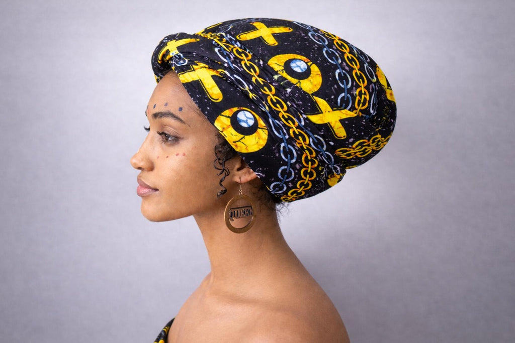 Black and Gold African Print Elastic Headwrap for Women