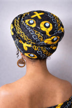Black and Gold African Print Elastic Headwrap for Women