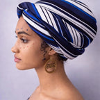 Blue and White Striped African Print Elastic Headwrap for Women