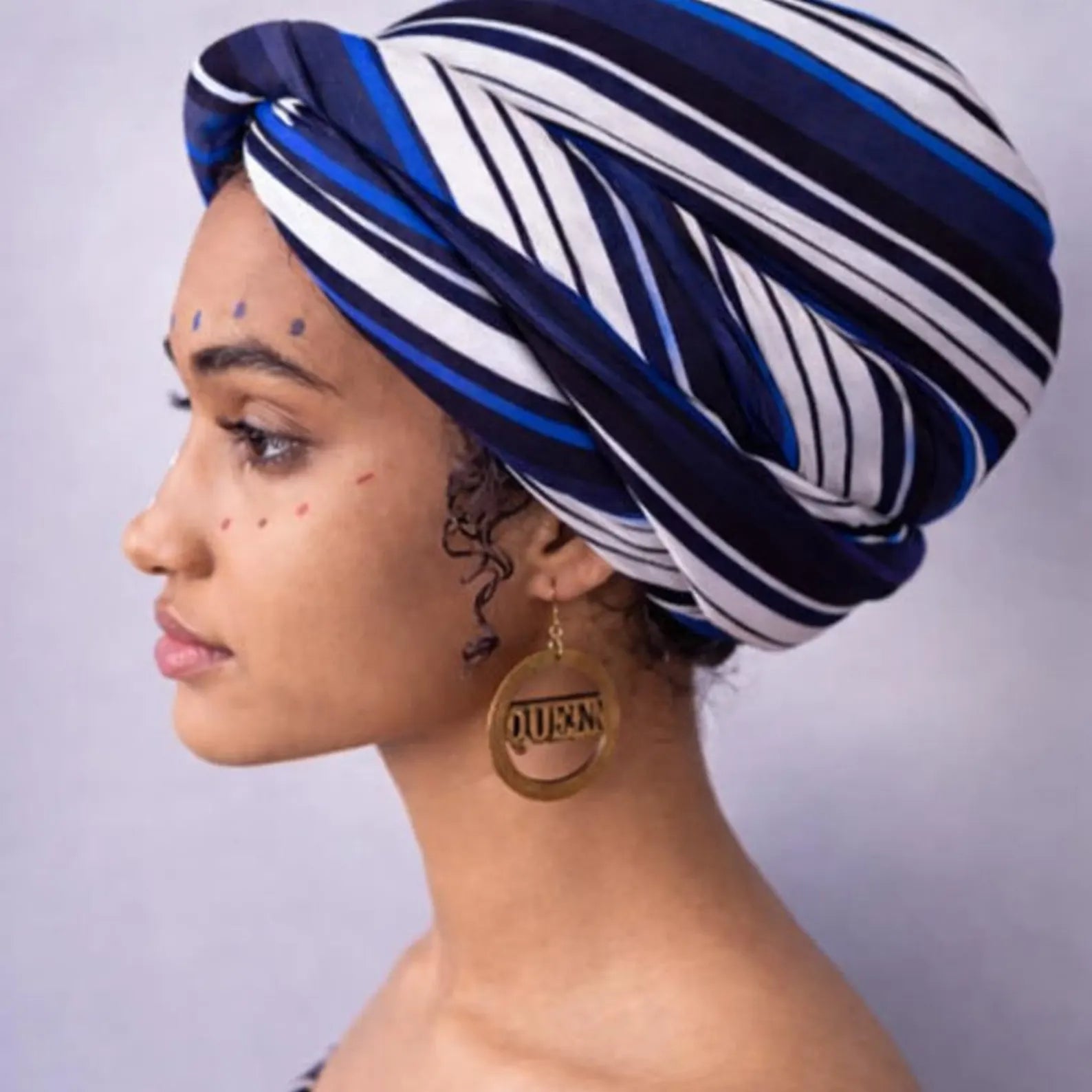 Blue and White Striped African Print Elastic Headwrap for Women