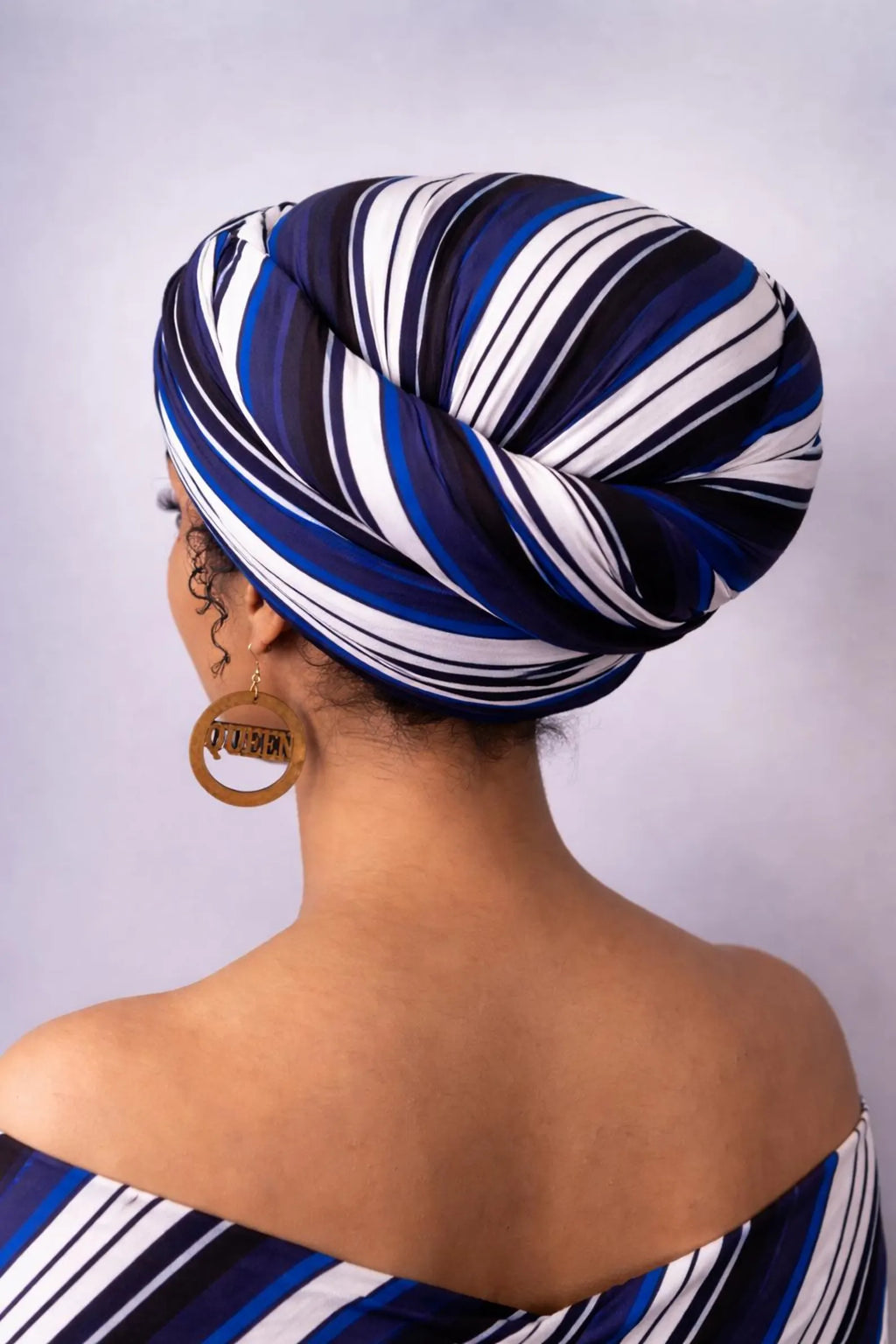 Blue and White Striped African Print Elastic Headwrap for Women