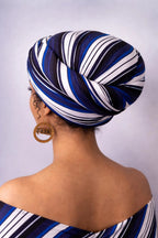Blue and White Striped African Print Elastic Headwrap for Women