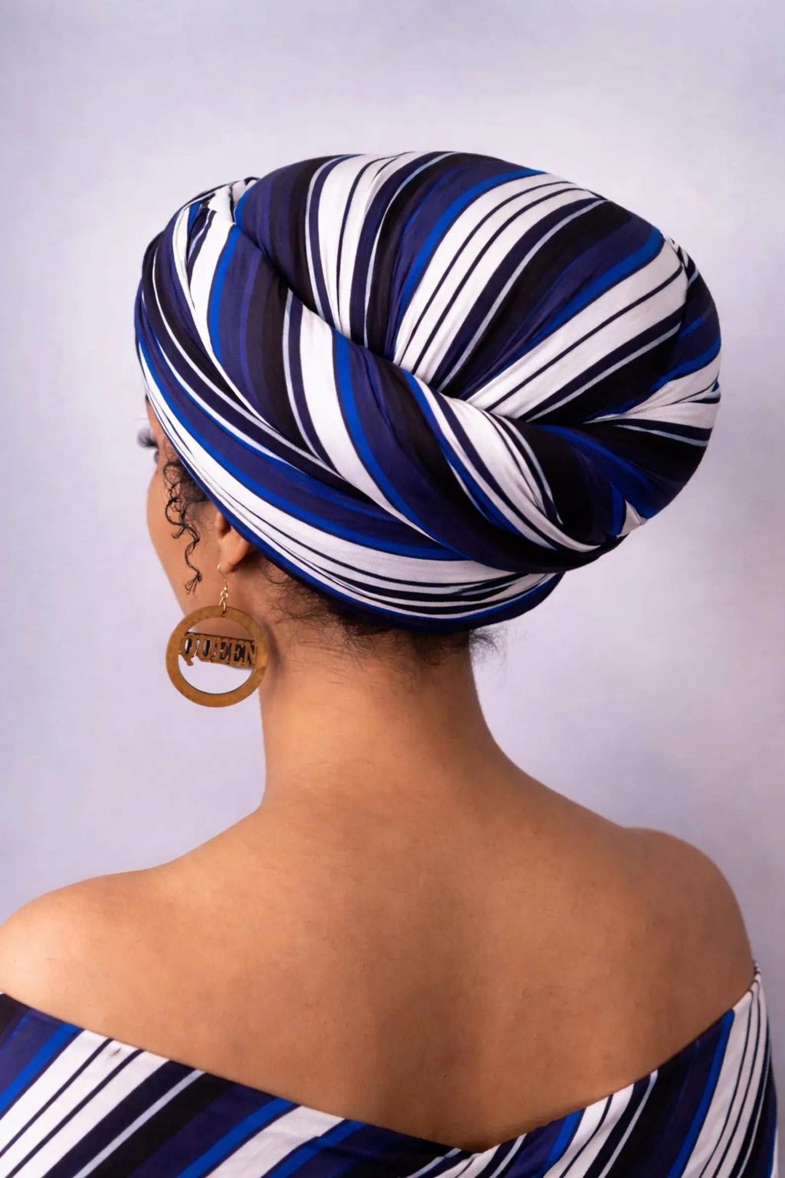 Blue and White Striped African Print Elastic Headwrap for Women