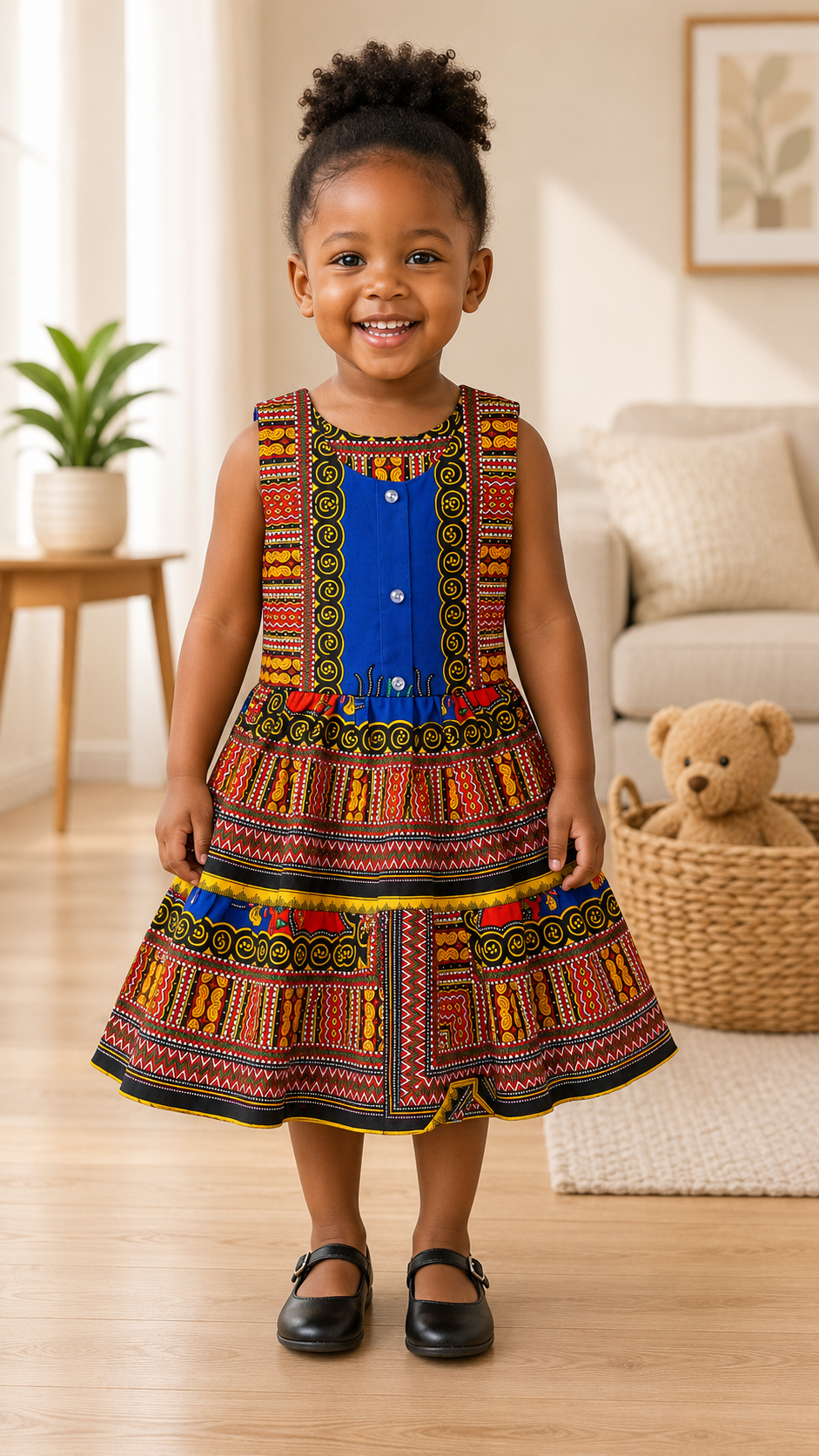 Girls Multi with Blue  Coloured Ankara Tiered Dress – African Print Party Dress