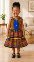 Girls Multi with Blue  Coloured Ankara Tiered Dress – African Print Party Dress