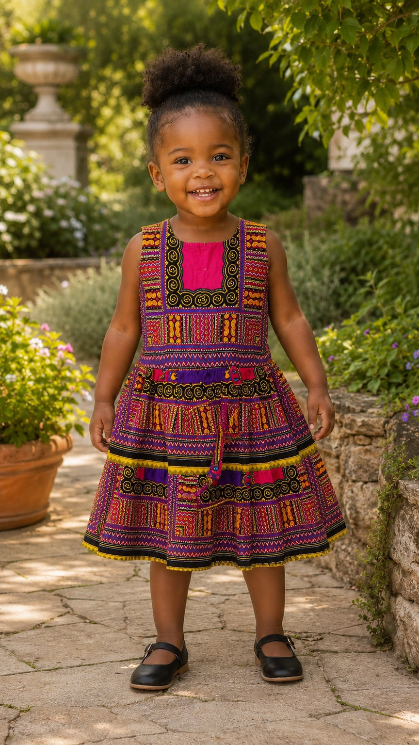 Girls Multi with Pink  Coloured Ankara Tiered Dress – African Print Party Dress