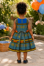 Girls Multi with Blue  Coloured Ankara Tiered Dress – African Print Party Dress