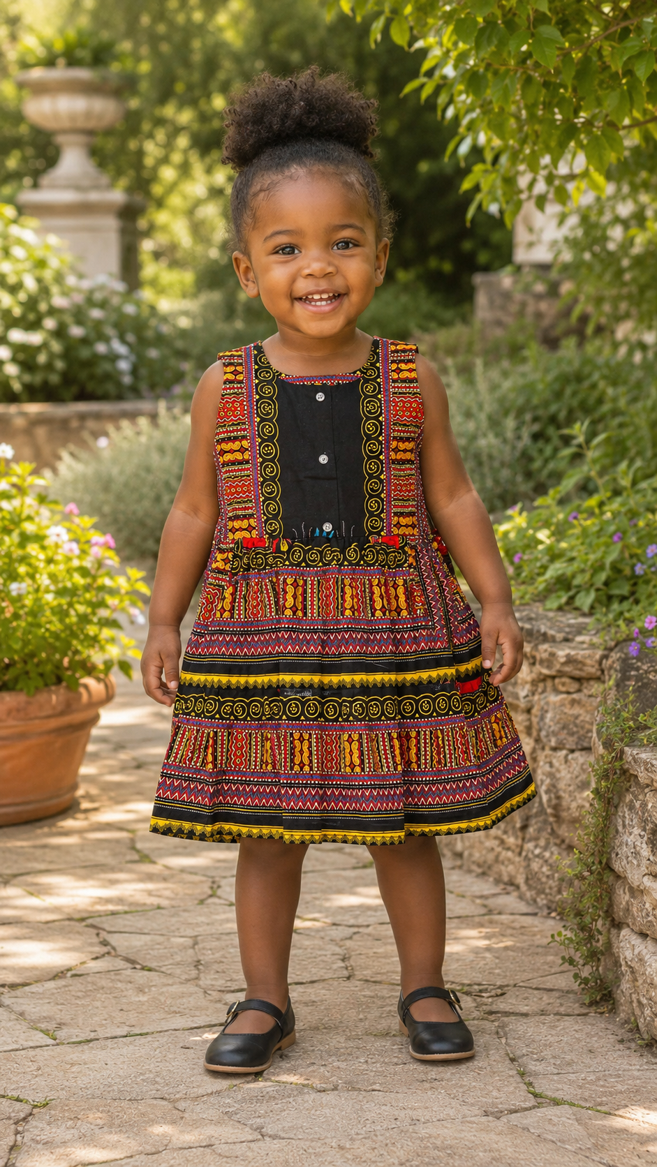 Girls Multi with Black  Coloured Ankara Tiered Dress – African Print Party Dress