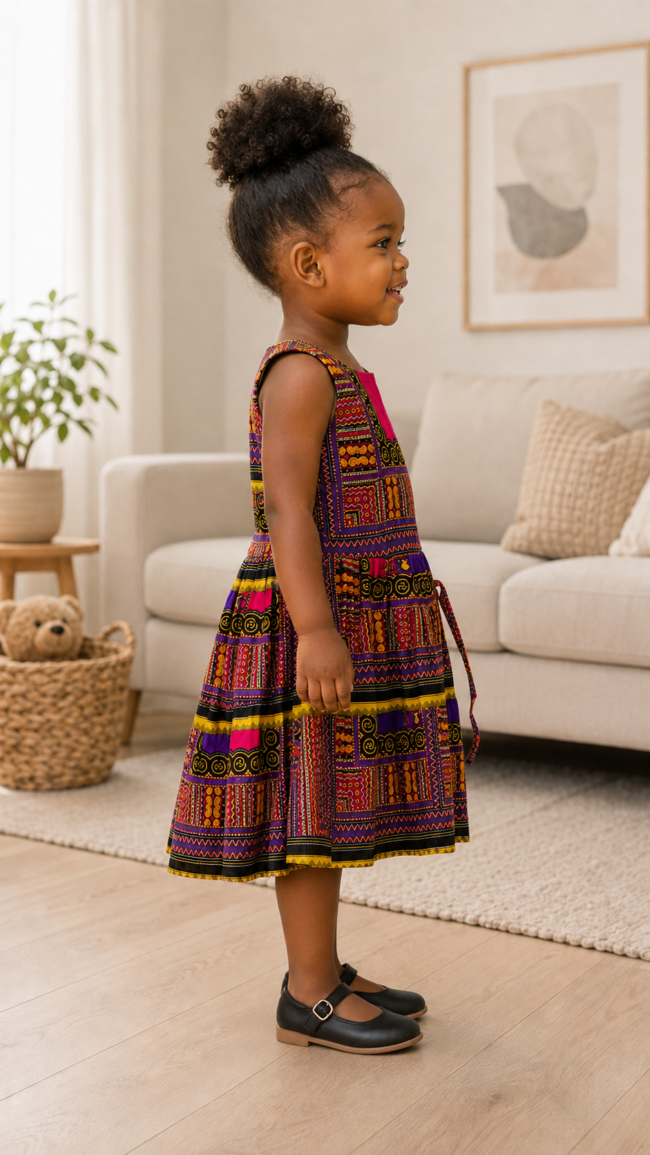 Girls Multi with Pink  Coloured Ankara Tiered Dress – African Print Party Dress
