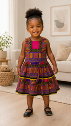 Girls Multi with Pink  Coloured Ankara Tiered Dress – African Print Party Dress
